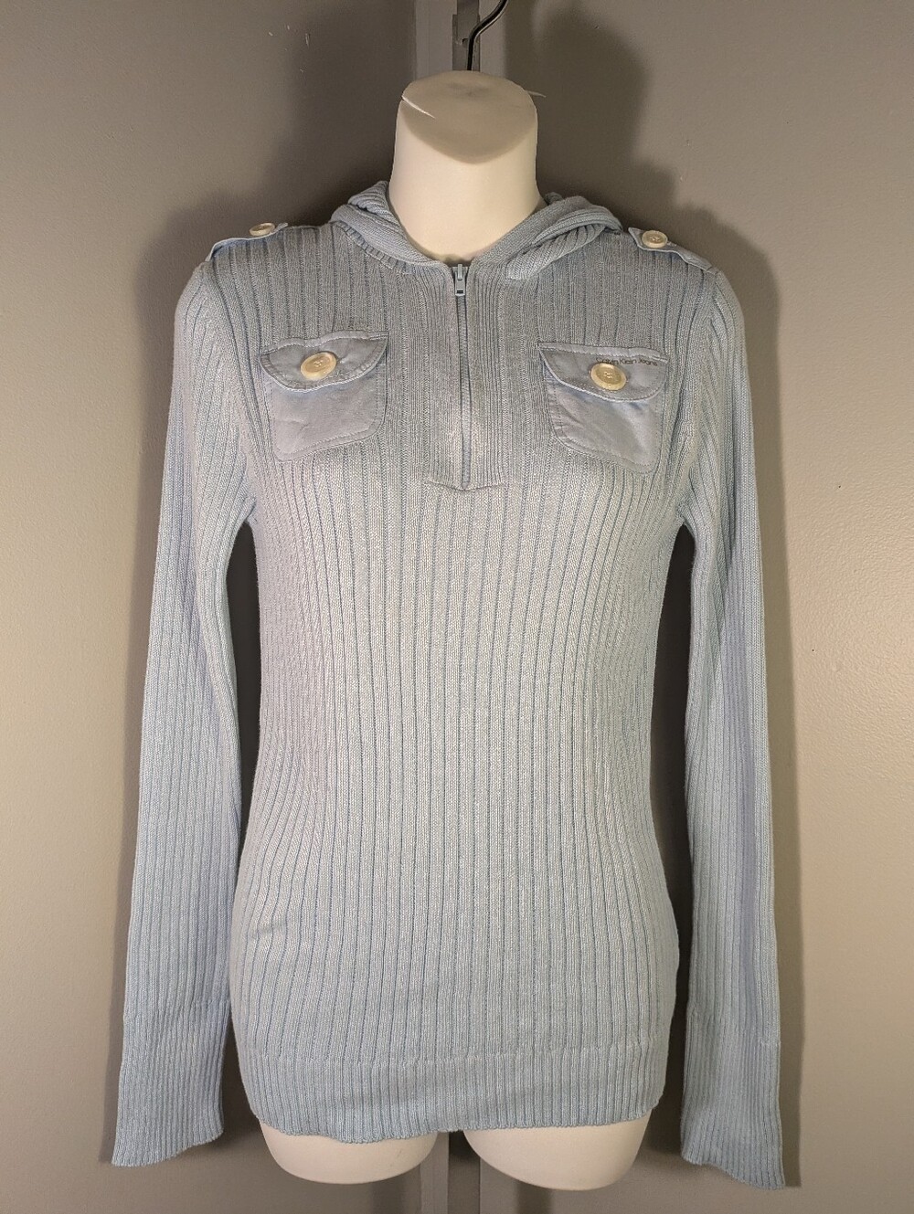 NWT Calvin Klein Jeans Blue Rib-Knit 1/4 Zip Hooded Cotton Pullover Sweater